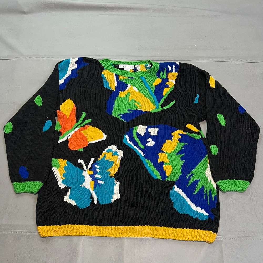 VTG 90s CASIEN Women Heavy Thick Knit L Butterfly Sweater Black Grandma Y2K-4460